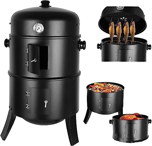 Räucherofen, Smoker, Räuchertonne, Ø44,5 * 80 cm, inkl. Wasserschale, 2 Grillrost(φ 37,5 cm), Regulierbar Luftabzug und Thermometer, 3-in-1Holzkohlegrill,für Räuchern, Grillen & Garen