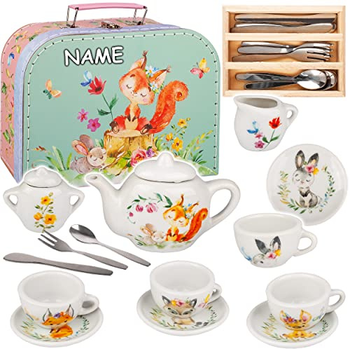 alles-meine.de GmbH 27 TLG. Set Picknick Koffer - Puppengeschirr/Teeservice & Kaffeeservice + Besteckset - inkl. Name - Waldtiere - Geschirr Porzellan/Keramik - Porzellange..