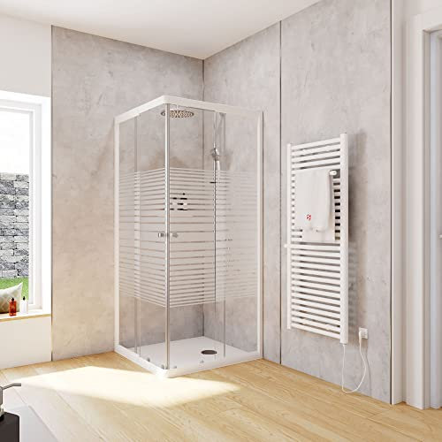 Schulte Duschkabine Corner Eckeinstieg mit Schiebetüren Alpinweiß 4 mm Sicherheitsglas (ESG) Dekor Querstreifen 80x80 cm, Montage auf Duschwanne oder Fliese