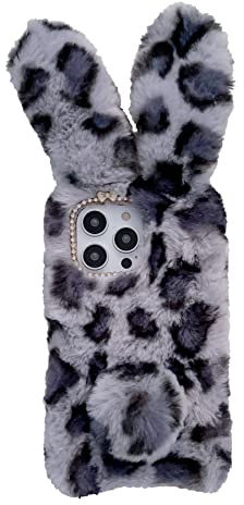 LeviDo Kompatibel für iPhone XS/iPhone X Hülle Silikon Plüsch Kaninchen Handyhülle Leopardenmuster Niedlich Case Cover Pelzig Hasenohren Flauschige Bunny Hüllen Stoßfest Gummi Bumper, grau