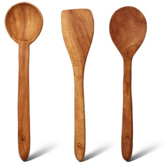 Vesta Homes Vesta Homes Neem Wood Spoon, Compact Flip, Spatula/Ladle for Cooking Dosa,Roti,Chapati, Soup and Vegetables | Premium Wooden Kitchen Tools | No Polish | Non-Stick | Set of 3 (Brown)(Large)