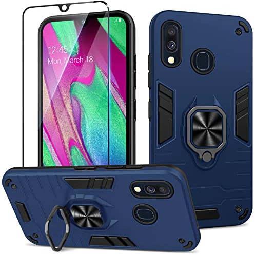 Btstring Hülle kompatibel mit Samsung Galaxy A40 mit Schutzfolie, Militär Standard Stoßfest Handyhülle Case Hybrid Metall Ring Halter Schutzhülle Handy Hüllen Cover -Blau