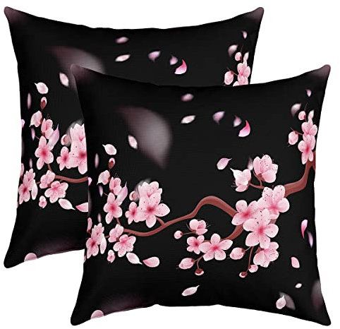 Kirschblüten Kissenbezüge 40x40cm 2er Set Kissenbezüge Japanisch Style Kissenbezug Kissenhülle Sakura Blume Dekorative Sofakissen Couchkissen Floral Botanical Rosa Schwarz Dekokissens