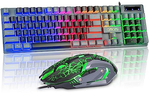 CHONCHOW Gaming Keyboard and Mouse Combo LED Backlit 104Keys Full Size Keyboard Light Up USB Wired Mechanical Feel 3600 DPI Gaming Mic for Windows PC Mac Xbox Gamer, Black&Grey