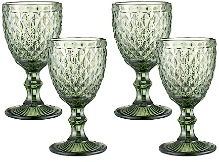 HIUHIU Vintage Copas De Vino Juego De 4, 8 oz Color Copas De Vino De Vidrio Tallo De Agua Potable Cristalería con El Patrón En Relieve para Boda/Fiesta/Bar,Verde,Diamonds