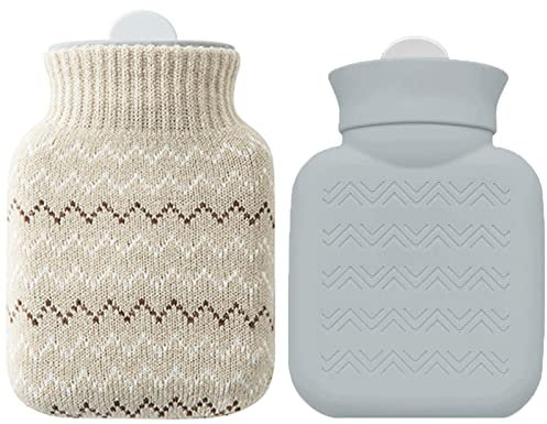 300ml Hot Water Bottle Small and Reusable Hot Water Bottle with Knitted Cover Microwave Heating and Refrigerator Freezing Available Mini Portable Hot Water Bottles for Kids Women Hand Warmers Gray