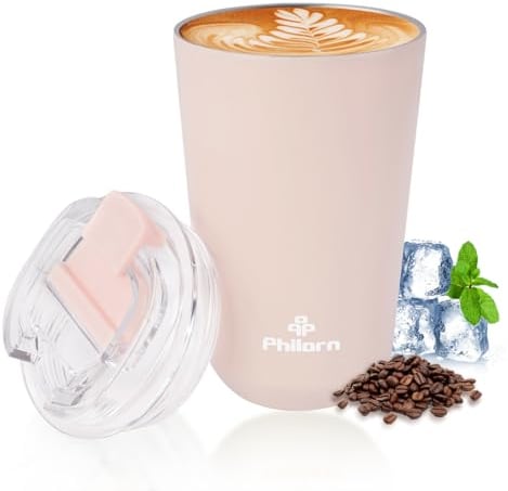 Philorn Pink Coffee Tumbler - 12 OZ Insulated Coffee Mug with Lid, Leak Proof Thermo Cup for Hot and Iced Drinks, Stainless Steel Vacuum Cup with Double Wall