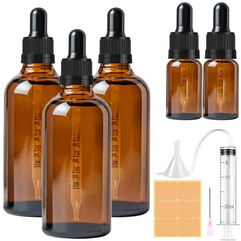 CoKeeSun 3PCS Flacon Compte Gouttes 100ml+2PCS Flacon Huile Essentielle Vide 10ml, avec Entonnoir Aiguille Seringue Cathéter Autocollants pour Huiles Essentielles, Aromathérapie, Laboratoire, Parfums