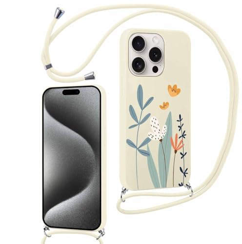 Yoedge Schutzhülle für Apple iPhone 15 Pro 6,1 Zoll mit Kordel, weich, Silikon, Motiv Aesthetic Schutzhülle mit verstellbarem Lanyard, stoßfest, Cover Case für iPhone 15 Pro, Blume