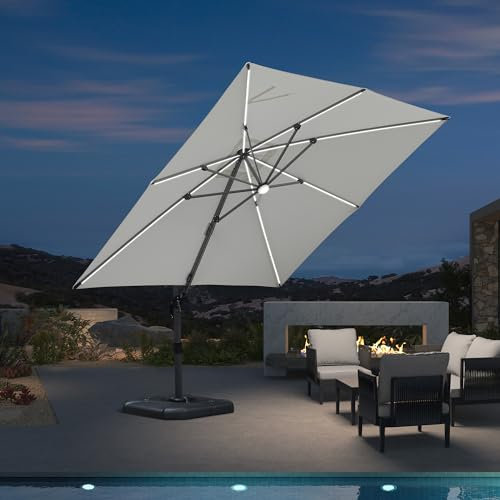 PURPLE LEAF Sombrilla Terraza Exterior 3 x 3 m con Luz LED, Sombrilla Jardin Grande con Rotación de 360° y 5 Ajustes de Inclinación, Sombrilla de Aluminio con Protección UV UPF 50+, Blanco