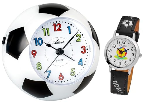 Atlanta Kinderwecker ohne Ticken Fußball WM + Kinderarmbanduhr - 1199 KAU (Schwarze Armbanduhr)