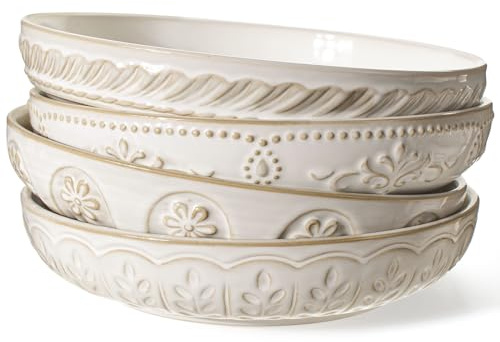 Artena Pasta Bowls, 50oz Large Salad Serving Bowls, 9.75'' Plates Bowls Set of 4, Big White Ceramic Soup Bowls for Kitchen, Embossment Shallow Dinner Bowl, Microwave Dishwasher Safe, Multiple Patterns