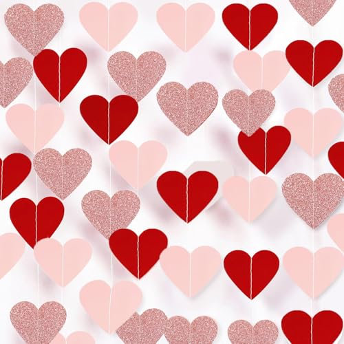 KIWILEPI Valentines Decorations Red Heart Garland, 4Packs Glitter Rose Gold Pink Felt Heart Banner Galentines Party Decorations 53Ft Hanging Love Paper Streamer for Wedding Bridal Shower Bacheloretten