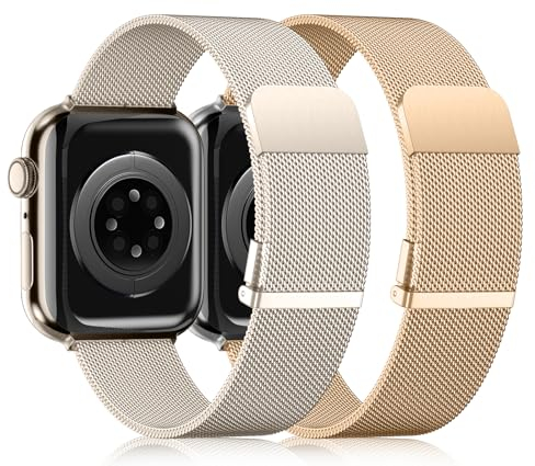 UpNeioco 2 Stück Metall Armband Kompatibel mit Apple Watch Armband 44mm 45mm 42mm 49mm Herren, Magnetisch Edelstahl Metallarmband für iWatch Ultra Series 9 8 SE 7 6 5 4 3 2 1, Polarstern Gold