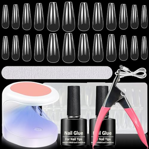 BNWRRCVKE Capsule Americaine Ongle, 504 PCS Kit Pose Americaine Ongles, 12 Tailles Longs Ongles à Presser Transparents, kit faux ongles with mini UV Lampe 2 Ongle gel 1 Coupe-ongle 1 lime ongle