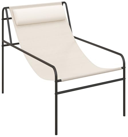 GOPLUS Liegestuhl klappbar, Strandstuhl aus Metall bis 150kg Belastbar, Loungesessel atmungsaktiv, Relaxliege Gartenliege mit abnehmbarem Kopfkissen, Sling Stuhl für Balkon, Garten & Pool, Beige
