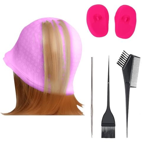 Silicone Highlight Cap Kit, Highlight Hair Cap with Hook Needles Hair Dye Comb and Earmuffs, Professional Highlighting Caps and Hook Kit Hairdressing Dyeing Staining Tools for Women Men
