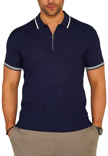 Soulstar Herren Strick Poloshirt Kurzarm Gerippt T-Shirt Polo-Hemd Knit Oberteil mit Zipper-Kragen Kontraststreifen S2_KP-102-Navy-S