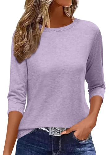 Minetom Tshirt Damen Shirt 3/4 Arm Tshirt Sommer Pullover Basic Tops Casual Oberteile Rundhals Shirt A Lila S