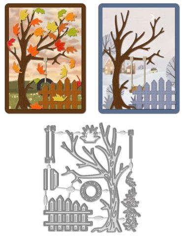 WADORN Metall Stanzformen Mit Herbstbaum, Motiv Rahmen Herbstwald Stanzschablone Schaukel Und Baum Karbonstahl Metall Prägeschablonen Vorlage Für DIY Scrapbooking Kartenherstellung