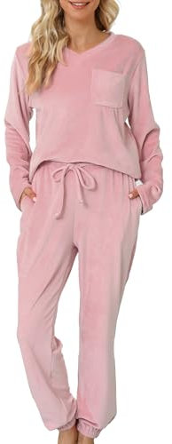 Lovasy Fleece Schlafanzug Damen Winter Lang Velour Warm Pyjama Set Langarm Hausanzug Schlafanzüge für Damen mit Taschen,Hellrosa,M