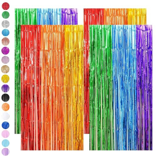 Rainbow Tinsel Curtain Party Backdrop,4pcs 3.2ft x 6.5ft Foil Curtain Decor,Rainbow Foil Fringe Streamers Metallic Tinsel Door Hanging Foil Flow Silk Streamers for Birthday Wedding Holiday Party