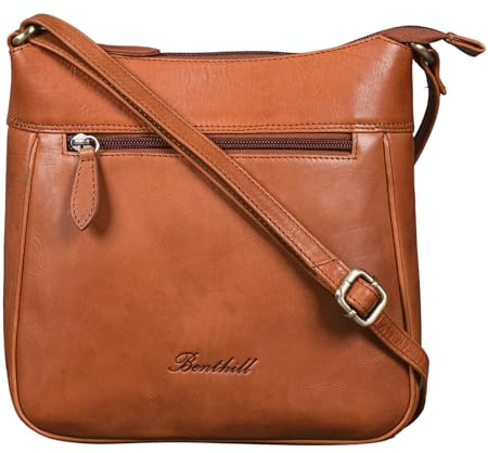 Benthill Umhängetasche Damen Echt Leder - Frauen Schultertasche Leder - Schmale Vintage Damen Handtasche, Farbe:Braun