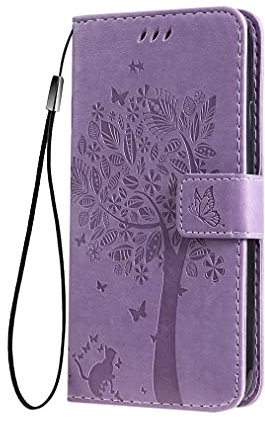 SEAHAI Coque pour Motorola Moto E14/Moto G04/Moto G04S Etui Portefeuille, Joli Rétro Feuilles et Chat Embossée Premium PU Cuir Housse Flip Cover, Étui Antichoc Case, Lavande