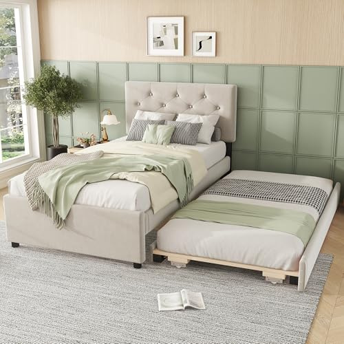 Dolamaní Polsterbett Einzelbetten 90x200 cm Samt mit Ausziehbett gleiche höhe-Kann Links oder rechts installiert Werden, Minimalistisch für Jugendliche Erwachsene (Beige)