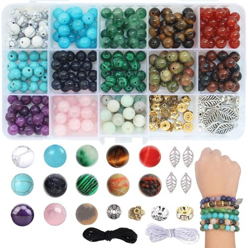 BLAESIFF 486Pcs Natural Stone Beads, 8mm Round Crystal Beads Gemstone Bead with Hole for Bracelet Necklace Earrings Jewelry Making, Bracelet Making Kit for Adult