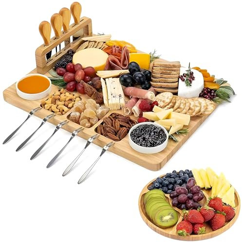 Kicinn Plateau Apéritif en Bambou – Planche à Tapas et à Fromage – avec Couteaux, Fourchettes, Coupelles et Plateau Supplémentaire
