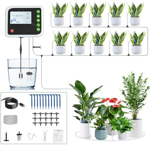 SoulBay Bewässerungssystem, Wiederaufladbares Automatische Tropfschlauch Bewässerungssystem Set Pflanzen Bewässerung mit Timer und 150 cm Pumpe für Garten, Balkon, Innen, Außen, Pflanzen, Gemüse