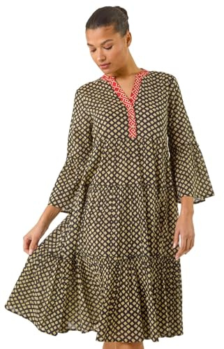 Roman Originals Smock Dress for Women UK Ladies Cotton Summer Embroidered Frilled Tiered Casual Beach Cruise Holiday Cocktail Party 3/4 Sleeve Pull On Gathered Skirt - Geometric Black - Size 16