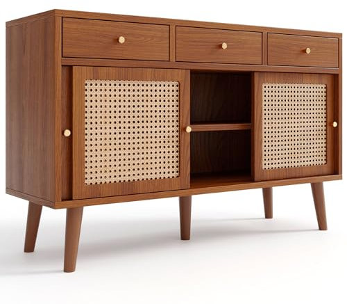 Commode Tressage en Rotin, À 3 Tiroirs Et 3 Portes Coulissantes, Buffet, Meuble De Rangement, Pieds en Bois Massif, Poignée en Métal Doré, Étagères Réglables, Couleur Noyer, 120 X 40 X 78 cm