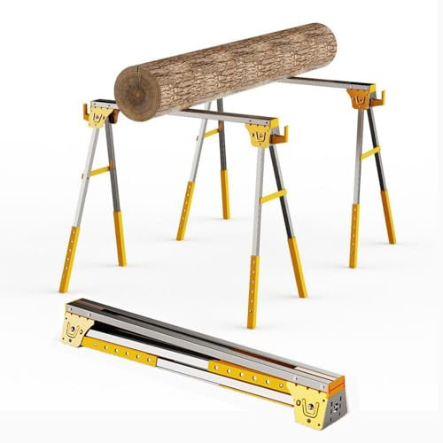 Professional Adjustable Height Folding Steel Saw Horses Twin Pack, Heavy Duty Supports Up to 450kg for Woodworking, Carpentry, and Construction