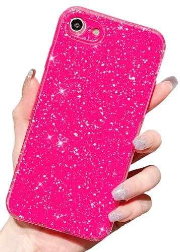 Finyosee for iPhone SE Case 2022/2020(3rd/2nd Generation),iPhone 8/7, Cute Aesthetic Bling Glitter Thin Slim Shockproof Sparkly Shiny Cover 4.7 inch for Women Girl-Hot Pink