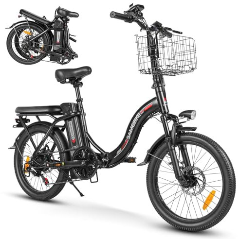 SAMEBIKE 20 Folding Electric Bike – 250W E-Bike with 36V 13Ah Removable Battery, Fat Tires, 7-Speed Gear, Front Basket, for Men & Women, Suitable for City and Off-Road Riding (Schwarz)