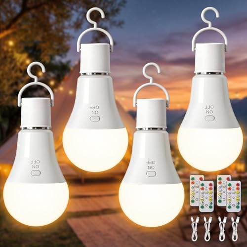 TaoFiaCo 7 W E27 Bombilla Recargable USB con Mando, 3 Color, 4 Piezas | Bombilla Inalámbrica, Regulable, Carga USB-C, Inalámbrica, , Función de Temporizador, Luz de Emergencia Control de Botones
