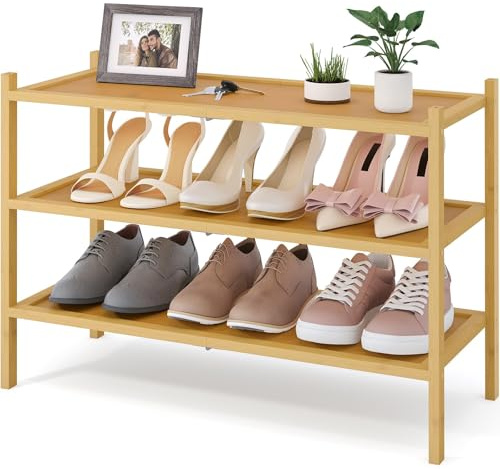 smiry Bamboo Shoe Rack, 3 Tier Shoe Organizer for Entryway & Living Room, Stackable Free Standing Storage Shelf for Shoes, Bags & Plants, Natural