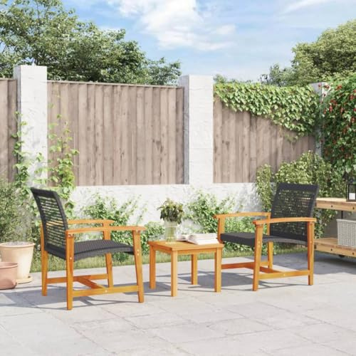 Runheo 3-TLG. Bistro-Set Schwarz, Poly Rattan und Akazienholz, UV-beständig, für Garten, Balkon, Terrasse, Bequeme Outdoor-Möbel, 2 Stühle und Tisch