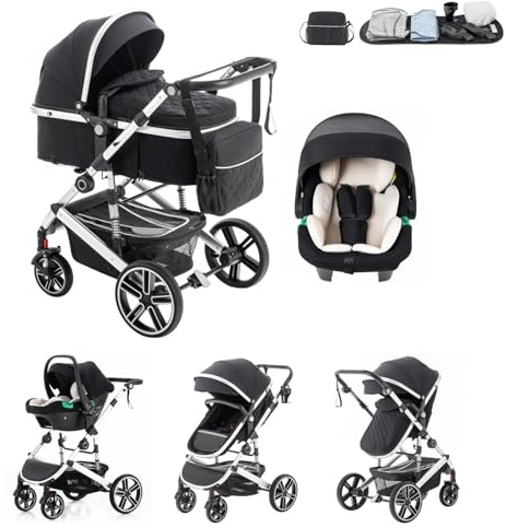 Kakbgee 3-in-1 Kinderwagen | Kombi-Kinderwagen mit ECE R129 Babyschale | Buggy mit Höhenverstellbarem Griff | Aluminium-Rahmen | Moskitonetz | für Neugeborene 0-4 Jahr