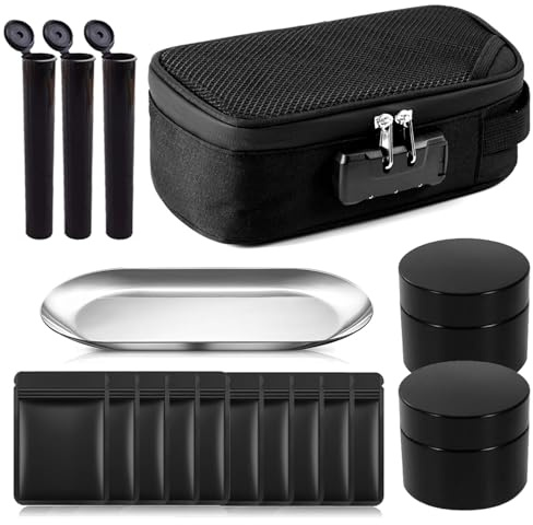Smell Proof Bag Portable Stash Box, Combination Lock Container Stash Bag | 10 Baggies 3 Doob Tubes Stash Jars Rolling Tray, for Home Office Travel