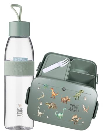 Mepal Set Lunchbox Trinkflasche personalisiert Kinder, Brotdose Take a break mit Bento Box, Wasserflasche Ellipse 500ml, Dinosaurier Motiv Midi Mint