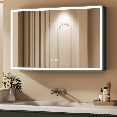 HY-RWML Spiegelschrank 60 x 90 x 13,5 cm Badezimmerschrank mit LED Beleuchtung Badezimmer Spiegelschrank mit Verstellbaren Ablagen und Touchschalter,Beschlagfrei,3 Farbtemperatur Dimmbare