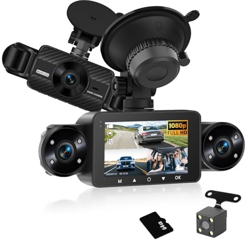 4 Channel 1080P Dash Cam, Hodozzy 3 Inch IPS Dash Camera for Cars, 1080P Quad-Camera Car Dash Cam with Night Vision, G-Sensor, Parking Monitor, Loop Recording, 64G SD Card(Not Support Wifi Video)