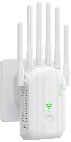 Amplificatore WiFi 1200 Mbps per Casa, Ripetitore Segnale WiFi 2.4GHz/5GHz con 6 Antenne ad Alto Guadagno, Porta LAN Gigabit, Modalità Router/AP, WPS, per Streaming Gaming Online Senza Interruzioni