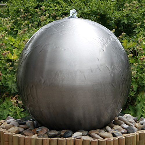 Primrose Silver Brushed Stainless Steel Sphere Modern Water Feature Fountain with LED Lights in Silver 50cm