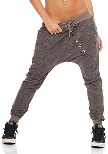 Malito Damen Jogginghose mit Knopfleiste | Sporthose meliert | Baggy zum Tanzen | Sweatpants - Trainingshose 7398 (Fango)