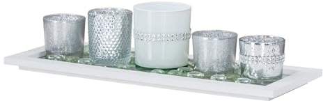 Tablett Teelichthalter Set Silber Weiß Holz Glas Windlichter Kerzenhalter Deko Weihnachtsdeko Tischdeko Glitzer