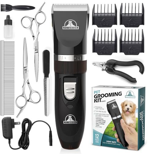 Pet Union Professional Grooming Kit - Rechargeable, Cordless Pet Grooming Clippers & Accessories, Low Noise, Suitable for Dogs, Cats and Other Pets (Grey)